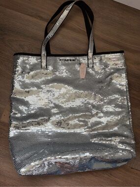 NWT Victoria’s Secret Sequin Tote Bag Silver & Black